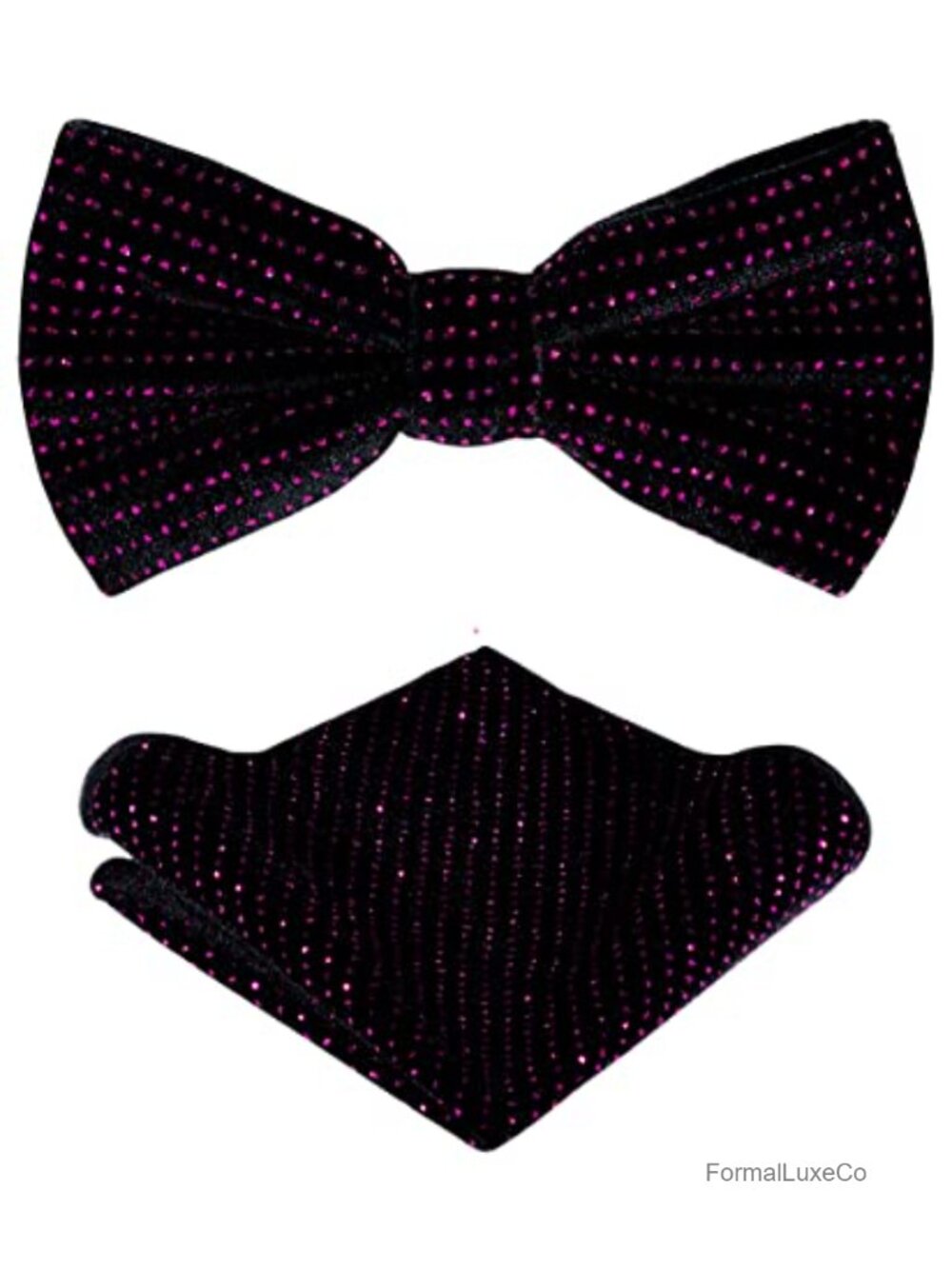 Men's Velvet Glitter Bow Tie & Pocket Square Set Gift Box Adjustable Clip